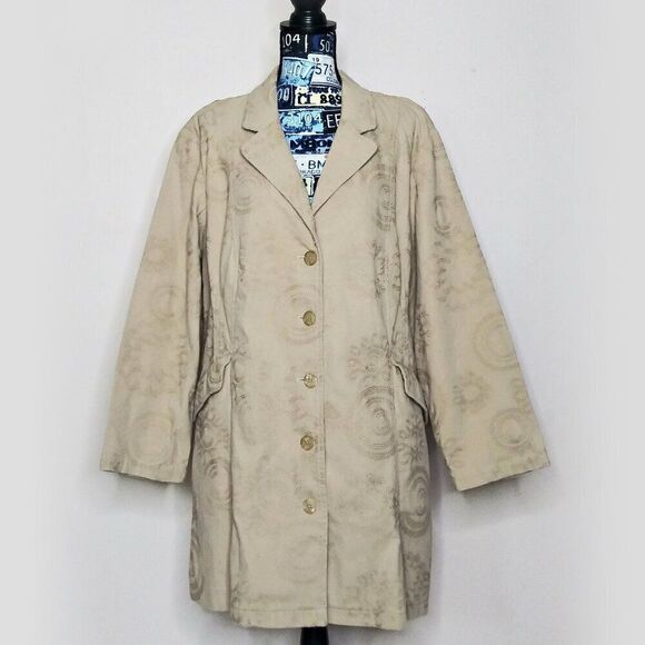 J. JILL Embroidered Floral Long Line Canvas Blazer Jacket Pleating Jute/Tan 2X - Picture 1 of 11